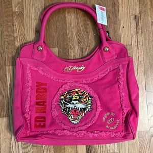 Pink Ed Hardy canvas purse with tiger design. NWT